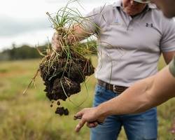Rancher examining healthy soil with diverse grass roots